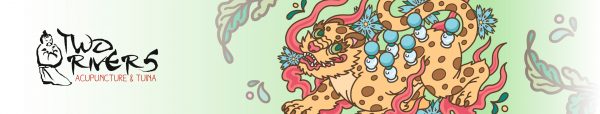 Two Rivers Acupuncture & Tuina Werbebanner: Das Fabelwesen halb Löwe, Leopard und chinesischer Drache erinnert mit seinem Fellmuster an die typischen Merkmale nach einer Schröpfbehandlung in der TCM.