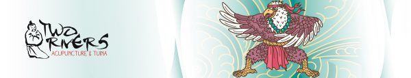 Der Banner der Webseite von der Praxis Two Rivers Acupuncture in Frankfurt/Main: Ein stilisierter Adler zeigt die Qigong Figur "Shooting the golden eagle".